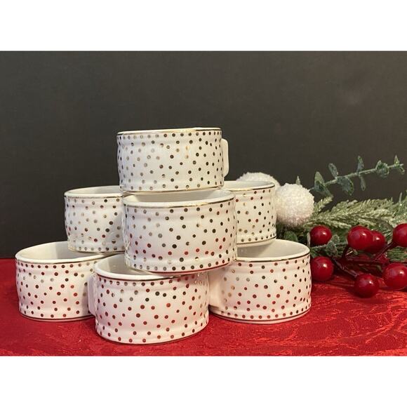 Grace's Teaware White Porcelain Napkin Rings With Gold Polka Dots - Set of 8 - Picture 2 of 8